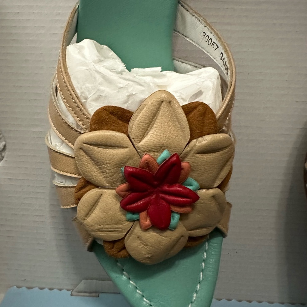 MICHELLE K WOMENS SHOES SANDALS BEIGE/SAND LEATHER SLIDES HEELS SIZE 6.5 - Picture 2 of 8